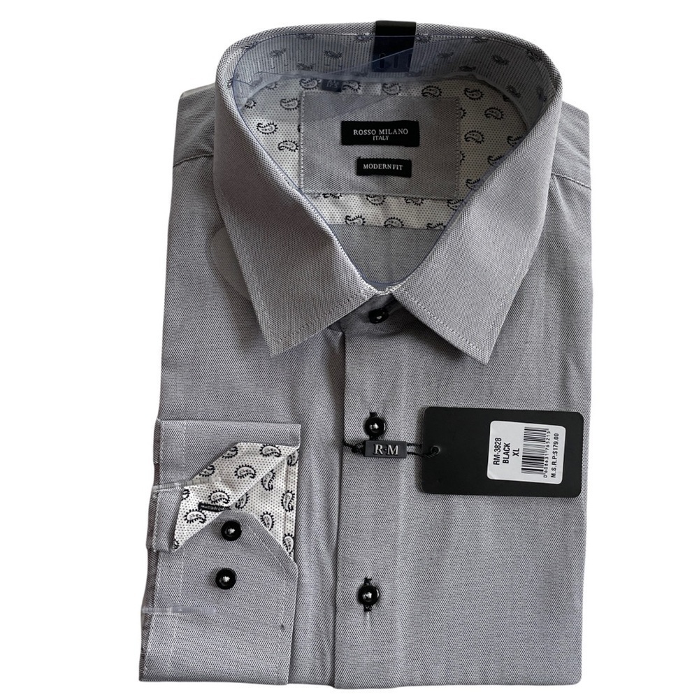 Rosso Milano Italy Modern Fit Flip Cuff Dress Shirt Black Gray XL 17.5